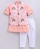 LITTLE COLLARS Cotton Blend Knit Full Sleeves Solid Kurta & Pyjama With Cows & Lotus Printed Jacket Set - Dark Peach