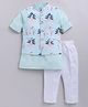LITTLE COLLARS Cotton Blend Knit Full Sleeves Solid Kurta & Pyjama With Cows & Lotus Printed Jacket Set - Green