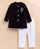LITTLE COLLARS Velvet Woven Full Sleeves Pearls & Beads Embellished Bird Designed Sherwani & Pyjama Set - Wine