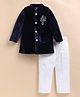 LITTLE COLLARS Velvet Woven Full Sleeves Pearls & Beads Embellished Bird Designed Sherwani & Pyjama Set - Navy Blue