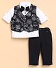 LITTLE COLLARS Lurex Woven Full Sleeves Floral Embroidered 3 Piece Party Suit Set With Bow - Silver