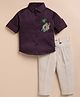 LITTLE COLLARS Cotton Blend Woven Full Sleeves Cheetah Embroidered Shirt & Pant Set - Wine