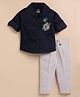 LITTLE COLLARS Cotton Blend Woven Full Sleeves Cheetah Embroidered Shirt & Pant Set - Navy Blue
