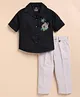 LITTLE COLLARS Cotton Blend Woven Full Sleeves Cheetah Embroidered Shirt & Pant Set - Black