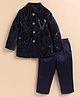 LITTLE COLLARS Velvet Full Sleeves Abstract Embroidered Sherwani & Trousers Set - Navy Blue