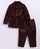 LITTLE COLLARS Velvet Woven Full Sleeves Thread Work Embroidered Sequins Embellished Sherwani With Pant Set - Maroon