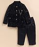 LITTLE COLLARS Velvet Full Sleeves Abstract Embroidered Sherwani & Trousers Set - Black