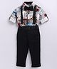 LITTLE COLLARS Blended Woven Full Sleeves Comic Panel Style Cars Printed Shirt & Trousers Set With Bow & Suspender - Brown