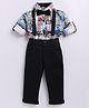 LITTLE COLLARS Blended Woven Full Sleeves Comic Panel Style Cars Printed Shirt & Trousers Set With Bow & Suspender - Blue