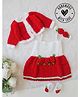 Woonie Hand Knitted Sleeveless Floral Applique Detailed Dress With Shrug Headband & Booties Set - Red