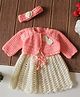 Woonie Handknitted Floral Applique Detailed Dress With Full Sleeves Shrug & Headband - Peach