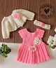 Woonie Handknitted Floral Applique Detailed Dress With Full Sleeves Shrug & Headband - Pink