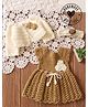 Woonie Hand Knitted Full Sleeves Floral Designed Dress With Shrug & Headband - Beige