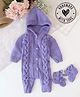 Woonie Hand Knitted Full Sleeves Cable Knit Designed Hooded Romper With Booties - Purple
