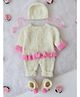 Woonie Hand Knitted Full Sleeves Colour Blocked Romper With Cap & Booties - Cream