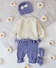 Woonie Hand Knitted Full Sleeves Colour Blocked Romper With Cap & Booties - Lavender