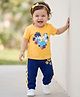 Doodle Poodle 100% Cotton Single Jersey Knit Half Sleeveless Top & Lounge Pant Set With Floral & Parrot Print - Yellow & Navy Blue