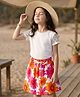 OLLINGTON ST. Cotton Half Sleeves Top & Floral Printed Knit Skirt Set - White & Multicolor
