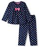 Babyhug Cotton Knit Full Sleeves Co-ord Night Suit With Polka Dot Print & Bow Applique - Navy Blue