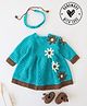 Woonie Hand Knitted Full Sleeves Floral Designed Dress With Headband & Booties Set - Sky Blue