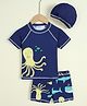 Mark & Mia Half Raglan Sleeves Sea Life Theme Printed Two Piece Swimsuit with Cap - Navy Blue