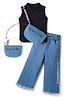 OLLINGTON ST. Cotton Lycra Rib Sleeveless Solid Top & Denim Pant Set With Sling Bag - Black & Blue