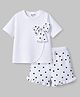 Bonfino 100% Cotton Knit Drop Shoulder Half Sleeves Oversized T-shirt & Shorts Set With Polka Dot Print & Bow Applique - White
