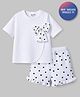 Bonfino 100% Cotton Knit Drop Shoulder Half Sleeves Oversized T-shirt & Shorts Set With Polka Dot Print & Bow Applique - White