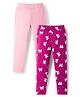 Honeyhap Premium Cotton Elastane Knit Full Length Leggings With Bio Finish & Bow Print Pack Of 2 - Pink & Festival Fuchsia