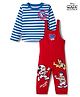 Babyhug Disney Terry Knit Full Sleeves Striped T-Shirt & Dungaree with Mickey Mouse & Friends Graphic & Badge Detailing - Red & Blue