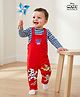 Babyhug Disney Terry Knit Full Sleeves Striped T-Shirt & Dungaree with Mickey Mouse & Friends Graphic & Badge Detailing - Red & Blue
