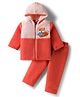 Babyhug Cotton Knit Full Sleeves Hooded Winter Night Suit With Animal Embriodery - Orange