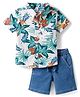 ToffyHouse Cotton Woven Half Sleeves Shirt & Denim Shorts Set with Tropical Theme Print - Blue