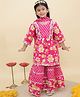 AJ Dezines Cotton Woven Three Fourth Sleeves Floral Printed & Gota Lace Embellished Kurti Sharara With Dupatta Set - Pink