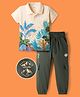 OLLINGTON ST. Cotton Pique Half Sleeve Printed T- Shirt & Joggers Set - Multicolor & Olive Green