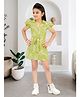 Lei-Chie Woven Half Puffed Sleeves Leaves Printed Shirt Style Dress - Green
