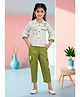 Lei-Chie Linen Woven Three Fourth Sleeves Leaves Embroidered Top With Pant Set - Green