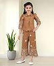 Lei-Chie Linen Woven Half Puffed Sleeves Floral Embroidered Top With Pant Set - Brown