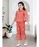 Lei-Chie Linen Woven Half Puffed Sleeves Floral Embroidered Top With Pant Set - Rust