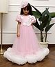 Foreverkidz Net Woven Half Puffed Sleeves Floral Applique & Ruffle Detailed Gown - Pink