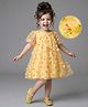 Bonfino Woven Half Frill Sleeves Party Dress with 3D Floral Applique - Yellow