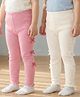 Babyhug Cotton Lycra Knit Full Length Solid Color Leggings with Bow Pack of 2 - Pink & White