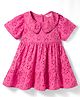 Bonfino 100% Cotton Woven Half Sleeves Solid Schiffli Dress with Scalloped Collar - Pink