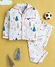 Knitting Doodles Christmas Theme Pure Cotton Woven Full Sleeves Christmas Tree Printed Night Suit Set - Off White