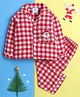Knitting Doodles Christmas Theme Pure Cotton Woven Full Sleeves Checked Santa Claus Embroidered Night Suit Set - Red
