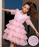 Hola Bonita Woven Half Sleeves Party Dress With Floral Embroidery & Belt - Pink