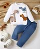 Googo Gaaga 100% Cotton Loop Knit Full Sleeves Dino Printed Light Winter Sweatshirt With Jeans Set - White