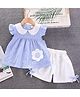 POP STREET KIDS Cotton Knit Frill Sleeves Floral Applique Detailed Dress With Shorts Set - Blue