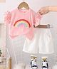 POP STREET KIDS Cotton Knit Frill Sleeves Rainbow Applique Detailed Top With Shorts Set - Pink