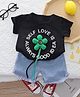 POP STREET KIDS Cotton Knit Half Sleeves Floral Applique Detailed & Self Love Text Printed Tee With Shorts - Black
